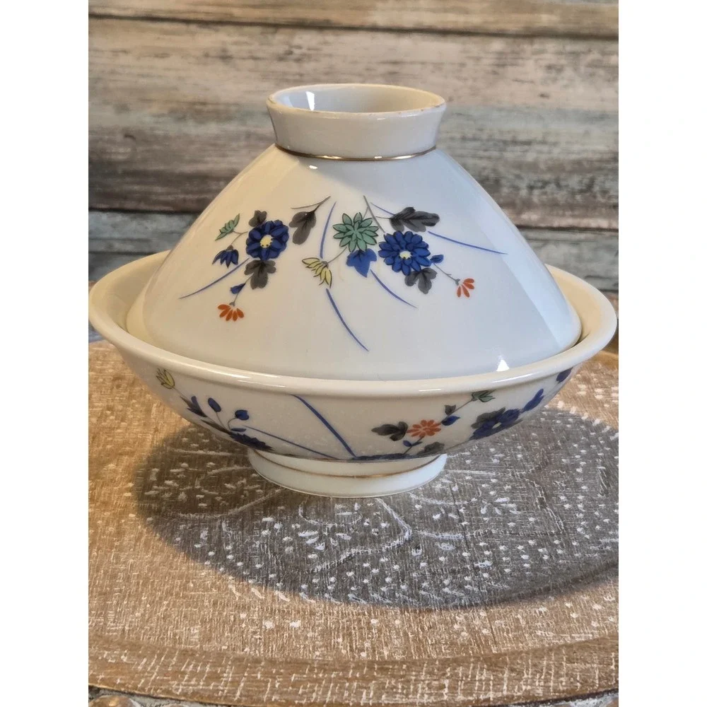 😎Vintage Japanese Floral Porcelain Lidded Rice Bowl Set Blue‎ Gold Rim Mark